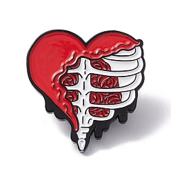 Red Skeleton Frame Heart Enamel Pin, Halloween Alloy Brooch for Backpack Clothes, Electrophoresis Black, Red, 26x25x1.5mm