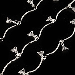 Серебро Латунные цепи с изогнутыми звеньями, с треугольными подвесками из прозрачного циркония, несварные, с катушкой, серебряные, 18x1 мм