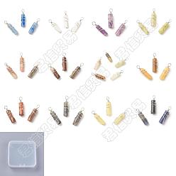 Mixed Stone 48Pcs 12 Styles Natural Mixed Stone Pendants, with Platinum Plated Eco-Friendly Brass Wire Wrapped, Column, Mixed Dyed and Undyed, 19.5~20x5~5.5mm, Hole: 2.4~2.7mm, 4pcs/style