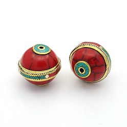 Red Handmade Tibetan Style Flat Round Beads, Brass Findings with Turquoise, Antique Golden, Red, 24mm, Hole: 2mm