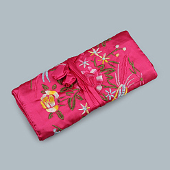 Rose Foncé Pochettes en rouleau à fermeture éclair en soie rectangle rétro, sacs de rangement de bijoux de fleurs brodées avec corde à cordon, rose foncé, 20x9 cm, ouvert: 27x20 cm