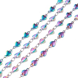 Rainbow Color 304 maillons en acier inoxydable chaînes, soudé, cœur, avec bobine, couleur arc en ciel, 10x5~5.5x2mm, environ 32.8 pieds (10 m)/rouleau