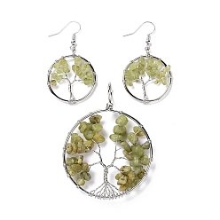 Prehnite Brass Jewelry Sets, Big Pendants and Dangle Earrings, with Natural Prehnite, Platinum, Ring with Tree of Life, 63~67x49~51x1.5~10mm, Hole: 4x5mm, 50~55x28~30x1.5~8mm, Pin: 0.8mm
