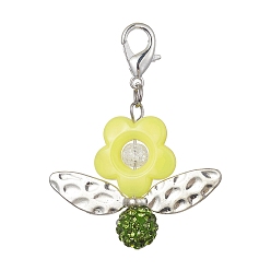 Yellow Acrylic Flower Pendant Decoration, with Polymer Clay Rhinestone Beads and Zinc Alloy Lobster Claw Clasps, 52mm