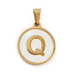 Letter Q Vacuum Plating 304 Stainless Steel with White Shell Pendants, Golden, Flat Round with Letter Charm, Letter.Q, 18x16x1.5mm, Hole: 3x6mm