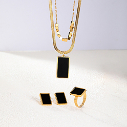 Negro Conjuntos de joyería de acero inoxidable para mujer., Incluye collar con dije de doble capa y cadena de serpiente., anillo y pendiente, negro, collar: 17-3/4 pulgada (450 mm)