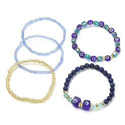 Lapis Lazuli 5 pcs 5 style naturel lapis lazuli et lampadaire mauvais œil et perles de graines ensemble de bracelets extensibles, bracelets empilables, diamètre intérieur: 2~2-3/8 pouce (5.5~6 cm), 1 pc / style