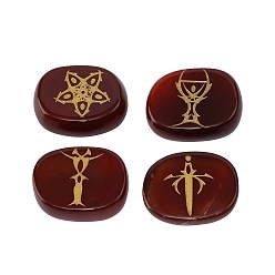 Red Agate Natural Red Agate Engraved Tarot Symbol Pattern Oval Stone Set, Pocket Palm Stone for Reiki Balancing, Home Display Decorations, 20x25x6.5mm, 4pcs/set