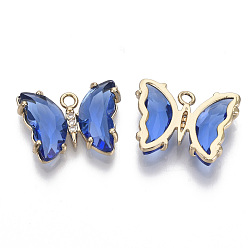 Royal Blue Glass Pendants, with Micro Pave Cubic Zirconia and Brass Open Back Settings, Faceted, Butterfly, Light Gold, Royal Blue, 15.5x20x4mm, Hole: 1.8mm