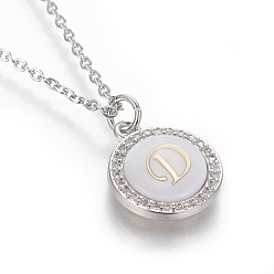 Letter D Brass Initial Pendant Necklaces, with Shell, Cubic Zirconia and 304 Stainless Steel Cable Chains, Flat Round with Letter, Letter.D, 17.5 inch(44.5cm), 1.5mm