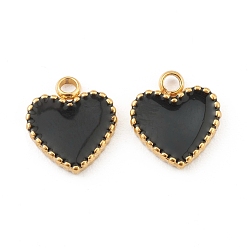 Golden Fashion 304 Stainless Steel Enamel Charms, Heart, Black, Golden, 11x10x2mm, Hole: 1.8mm