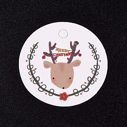 Colorful Paper Gift Tags, Hange Tags, For Arts and Crafts, For Christmas, Flat Round with Christmas Reindeer/Stag Pattern, Colorful, 30x0.3mm, Hole: 3mm