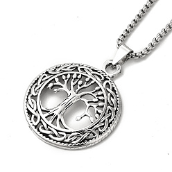 Antique Silver Alloy Tree of Life Pandant Necklace with Titanium Steel Box Chains, Gothic Jewelry for Men Women, Antique Silver, 23.62 inch(60cm)