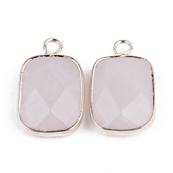 Rose Quartz Faceted Natural Rose Quartz Pendants, with Golden Plated Brass Edge and Loop, Rectangle, 22x13.5x5.5mm, Hole: 2mm