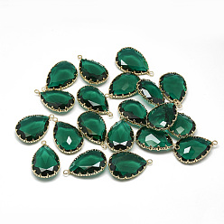 Dark Green Glass Pendants, with Golden Tone Brass Findings, Faceted, teardrop, Dark Green, 30x18.5x7.5mm, Hole: 2mm