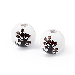 Citrouille Perles européennes en bois naturel imprimé halloween, perle avec trou grande, ronde, motif de citrouille, 15.2~16x15mm, Trou: 4~4.5mm