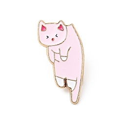 Rose Nacré Broche en émail de chat de dessin animé, insigne en alliage plaqué or clair pour vêtements de sac à dos, perle rose, 28x15x1.3mm