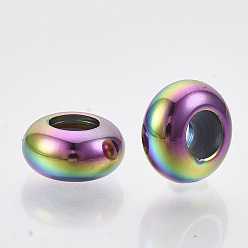 Rainbow Color Ion Plating(IP) 201 Stainless Steel Beads, with Rubber Inside, Slider Beads, Stopper Beads, Rondelle, Rainbow Color, 8x4mm, Hole: 4mm, Rubber Hole: 2mm