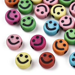 Mixed Color Opaque Craft Acrylic Beads, Flat Round with Smiling Face, Mixed Color, 7x3.5mm, Hole: 1.5mm, about 3637pcs/500g