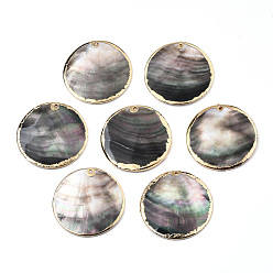 Black Lip Shell Natural Black Lip Shell Pendants, with Light Gold Plated Brass Edge, Flat Round, 40x3~5.5mm, Hole: 1.4~1.6mm