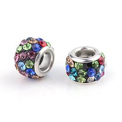 Colorful Polymer Clay Rhinestone European Beads, Large Hole Beads, Rondelle, with Silver Color Plated Brass Cores, Colorful, 10~12x7~8mm, Hole: 5mm