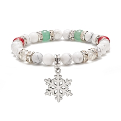 Colorful Natural Green Aventurine & Howlite & Mashan Jade Stretch Bracelet, Christmas Snowflake Alloy Charm Bracelet for Women, Colorful, Inner Diameter: 2-1/8 inch(5.3cm)