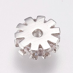 Platinum Brass Micro Pave Cubic Zirconia Beads, Gear, Clear, Platinum, 6.5x2.5mm, Hole: 1mm
