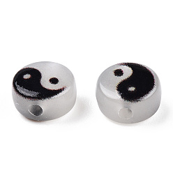 Negro Cuentas de acrílico transparentes luminosas, plano y redondo con patrón de yin yang, negro, 7x4 mm, agujero: 1.5 mm