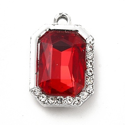 Roja Colgantes de cristal de aleación, colgante de rectángulo octágono de diamantes de imitación de cristal, Platino, rojo, 21x14x6 mm, agujero: 1.8 mm