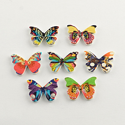 Mixed Color 2-Hole Printed Wooden Buttons, Butterfly, Mixed Color, 21x28x3mm, Hole: 1.5mm
