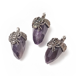 Amethyst Natural Amethyst Pendants, Faceted Acorn Charms, with Antique Silver Tone Brass Spider Findings, 40.5~41x18.5x21~24mm, Hole: 5.5x6mm
