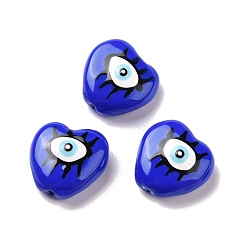 Bleu Perles d'émail, avec abs en plastique imitation perle à l'intérieur, coeur avec le mauvais œil, bleu, 14x15x6.5mm, Trou: 1mm