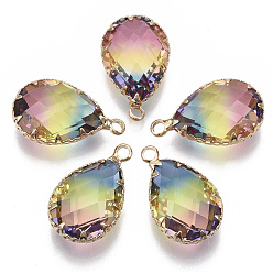 Coloré K 9 pendentifs en tourmaline imitation verre, avec les accessoires en laiton de tonalité d'or, facette, larme, colorées, 23x13.5~14x8mm, Trou: 2mm
