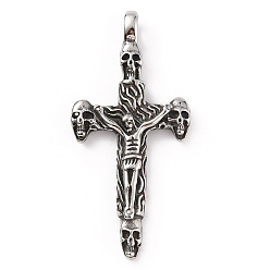 Antique Silver 304 Stainless Steel Pendants, Skull with Crucifix Cross Charm, Antique Silver, 70.5x33x6.5mm, Hole: 7x5.5mm