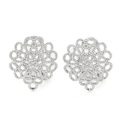 Platinum Flower Brass Micro Pave Cubic Zirconia Stud Earrings Finding, with Horizontal Loops, Cadmium Free & Lead Free, Platinum, 16x15mm, Hole: 1.2mm, Pin: 0.8mm