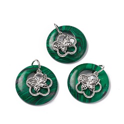 Malachite Synthetic Malachite Pendants, Flat Round Charms, with Platinum Tone Brass Flower with Butterfly Findings, Cadmium Free & Nickel Free & Lead Free, 30~35x28~32x10~10.5mm, Hole: 2mm
