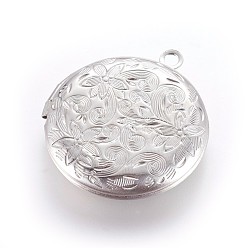 Stainless Steel Color 304 Stainless Steel Locket Pendants, Flat Round with Flower, Stainless Steel Color, 31x27.5x5.5mm, Hole: 2mm