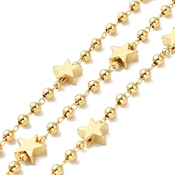 Real 18K Gold Plated Brass Star Link Chains, with Round Bead, with Spool, Cadmium Free & Lead Free, Real 18K Gold Plated, Star: 7x7x3mm, Beads: 3x4mm