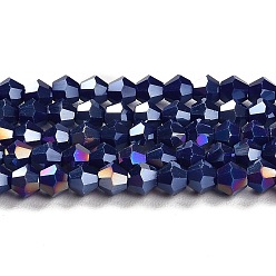 Dark Blue Opaque Solid Color Electroplate Glass Beads Strands, AB Color Plated, Faceted, Bicone, Dark Blue, 4x4mm, Hole: 0.8mm, about 87~98pcs/strand, 12.76~14.61 inch(32.4~37.1cm)
