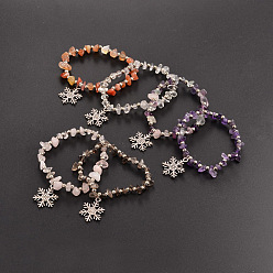 Mixed Stone Natural Gemstone Beaded Stretch Kids Charm Bracelets, with Iron Beads and Tibetan Style Snowflake Pendants, Mixed Color, 45mm