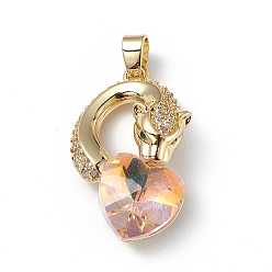 PeachPuff Real 18K Gold Plated Rack Plating Brass Micro Pave Clear Cubic Zirconia Pendants, with Glass, Long-Lasting Plated, Cadmium Free & Lead Free, Leopard with Heart Charm, PeachPuff, 28.5x17.5x8mm, Hole: 5x3.2mm