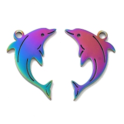 Rainbow Color Ion Plating(IP) 304 Stainless Steel Pendants, Dolphin Charm, Rainbow Color, 21.5x14x1.5mm, Hole: 1.8mm