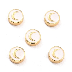White Brass Enamel Beads, Real 18K Gold Plated, Long-Lasting Plated, Cadmium Free & Lead Free, Flat Round with Moon Pattern, White, 10x3.5mm, Hole: 1.6mm