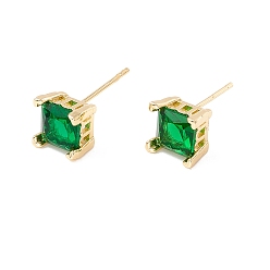 Chapado en Oro Real 18K Aretes cuadrados de zirconia cúbica verde, joyas de latón para mujer, sin plomo y el cadmio, real 18 k chapado en oro, 7.5x7.5 mm, pin: 0.8 mm