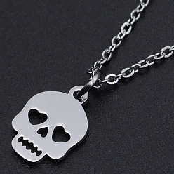 Stainless Steel Color For Halloween, 201 Stainless Steel Pendant Necklaces, with Cable Chains and Lobster Claw Clasps, Skull, Stainless Steel Color, 15.74 inch(40cm), 1.5mm