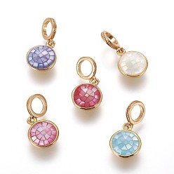 Mixed Color Brass Enamel European Dangle Charms, Large Hole Pendants, with Freshwater Shell, Flat Round, Golden, Mixed Color, 20.5mm, Hole: 5mm, Pendant: 9.5x4mm