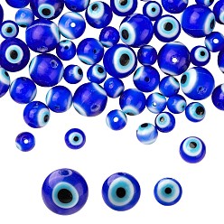 Bleu Moyen  3 brins 3 brins de perles rondes faits à la main au chalumeau mauvais œil, bleu moyen, 6~10mm, Trou: 1mm, Environ 39~64 pcs/chapelet, 14.17~14.96 pouce (36~38 cm), 1 brin/style