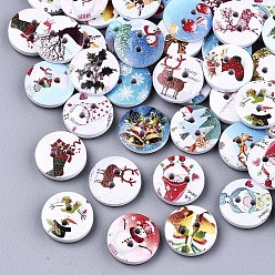 Mixed Color 2-Hole Printed Natural Wood Buttons, Christmas Theme, Flat Round, Mixed Color, 15x4mm, Hole: 1.8mm