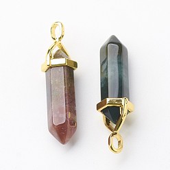 Indian Agate Natural Indian Agate Double Terminated Pointed Pendants, with Random Alloy Pendant Hexagon Bead Cap Bails, Golden, Bullet, 37~40x12.5x10mm, Hole: 3x4.5mm