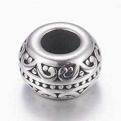 Antique Silver 304 Stainless Steel European Beads, Large Hole Beads, Rondelle, Antique Silver, 12x7mm, Hole: 5.5mm